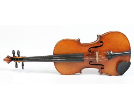 A cased violin and bow. With two part back, bearing spurious Stradivarius label, 35.5cm.