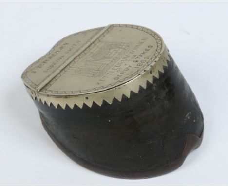 A nineteenth century taxidermy horses hoof snuff box. With silver plated hinged cover. Engraved with a horse in stable interi