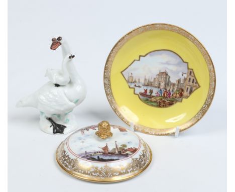 An eighteenth century Meissen yellow ground saucer and a sucrier lid both finely enamelled in the manner of J. G. Horoldt  al