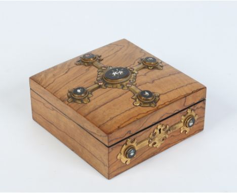 A nineteenth century olive wood casket, with gilt metal gothic revival mounts set with pietra dura panels. Hinging to reveal 