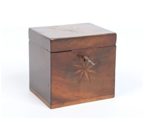 A Georgian mahogany small tea caddy. Cross banded and having marquetry star motif inlays. With single lidded compartment to t