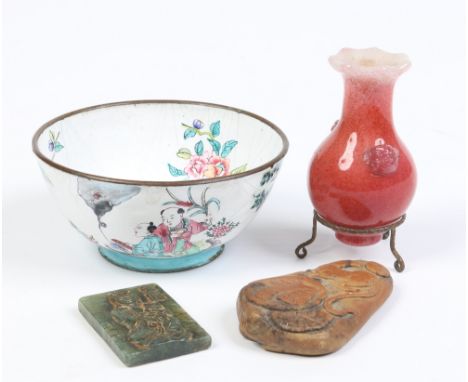 A Canton enamel bowl decorated with figures in a landscape, Qianlong seal, a Peking red glass vase on metal stand and two car