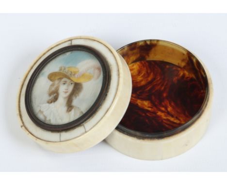 An early nineteenth century ivory mounted tortoiseshell trinket box. Set to the cover with a portrait miniature of a young la