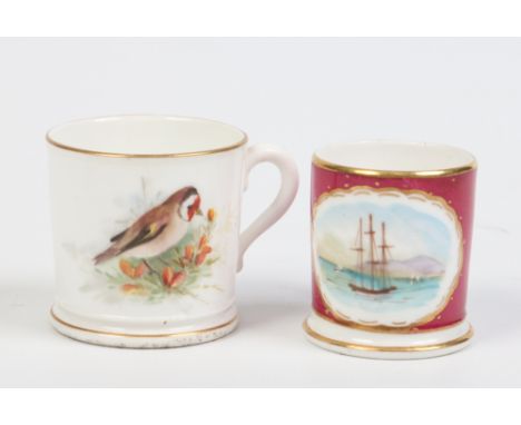 A miniature Royal Worcester tankard enamelled with a bird and a flower sprig and a similar unmarked tankard painted with a sh