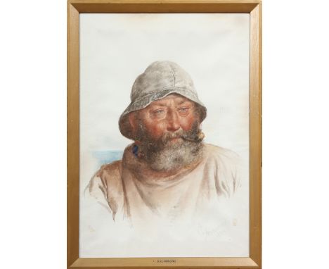 James Drummond (Scottish 1816-77). A gilt framed watercolour vignette portrait of a seafarer and two prints of the same. Sign