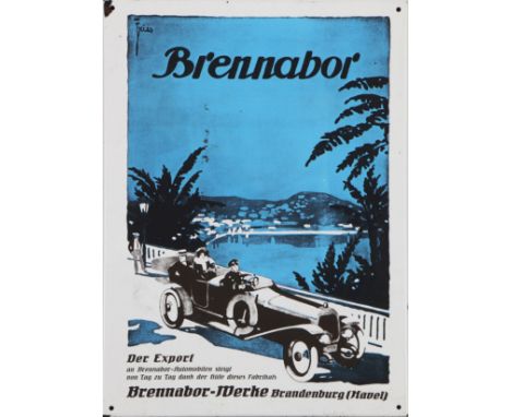 Emaille Werbeschild ¨Brennabor Automobile¨  - um 1930, eckige, leicht gewölbte Tafel mit blau-schwarzem Siebdruck-Bild eines 