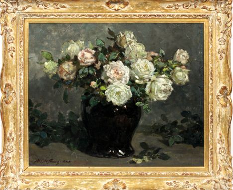 ABBOTT FULLER GRAVES (AMERICAN, 1859-1936) OIL ON CANVAS, H 25", W 30 1/4", THE BLACK JAR White roses in a black jar. Signed 