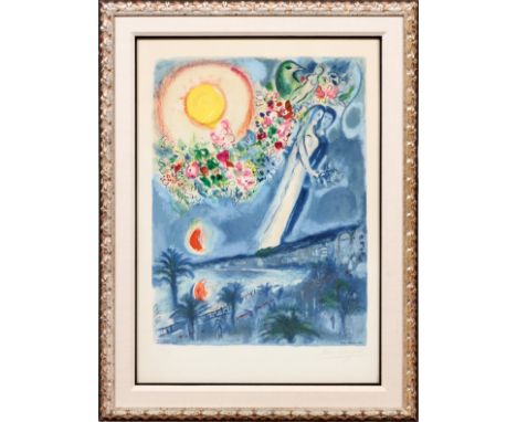 CHARLES SORLIER AFTER MARC CHAGALL LITHOGRAPH IN COLORS #27/150 H 28.5" W 20" "FIANCÉS IN THE SKY AT NICE" Pencil signed lowe