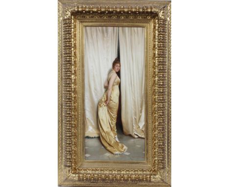 FREDERIC SOULACROIX (FRENCH, 1858-1933) OIL ON CANVAS, H 33", W 15" Lady stepping through curtains. Signed lower right and fr
