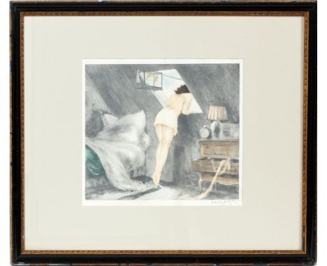 LOUIS ICART (FRENCH, 1888-1950), ETCHING, 14 1/2" X 16 1/2", 'ATTIC ROOM' Signed lower right, under glass and matted in a bla