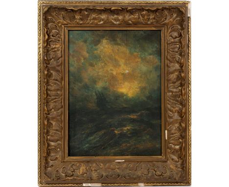 ROBERT HOPKIN, OIL ON MAHOGANY PANEL 16" X 12" SEASCAPE Robert Hopkin, American 1832 - 1909. Seascape with sailing vessel. Si