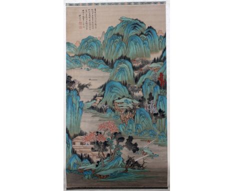 CHINESE HAND PAINTED SILK SCROLL, H 38", W 21" Depicting limestone cliffs and a pavilion, as well as flowering and pine trees