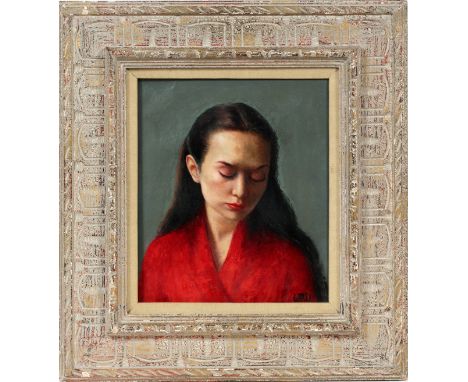 GLADYS ROCKMORE DAVIS, OIL ON CANVAS 12" X 11" PORTRAIT Image size 12 3/4" x 11". Signed in monogram "G. R. D.". Depicting th