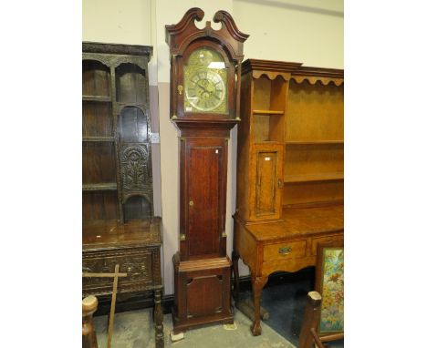 A 19TH CENTURY OAK EIGHT DAY LONGCASE CLOCK BY J.HALL - DESFORD ARCHED BRASS DIAL TWIN WEIGHT / PENDULUM H-229 CM DIAL 12"