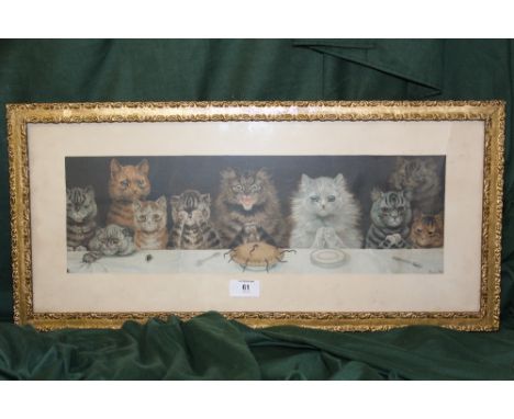 AFTER LOUIS WAIN (1860 - 1939). A vintage study of ten cats at a dining table saying grace, signed in plate lower right, colo