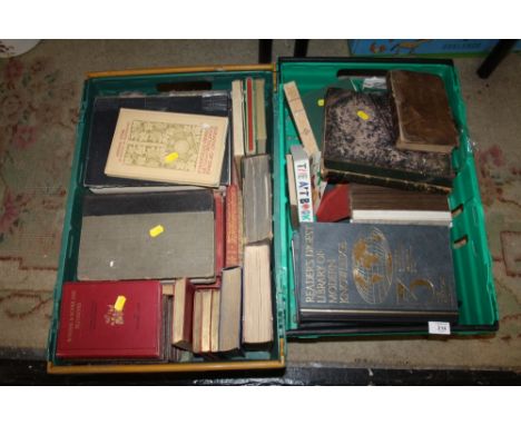 TWO BOXES OF VINTAGE AND ANTIQUARIAN BOOKS TO INCLUDE LEATHER BOUND EXAMPLES (PLASTIC TRAYS NOT INCLUDED)
