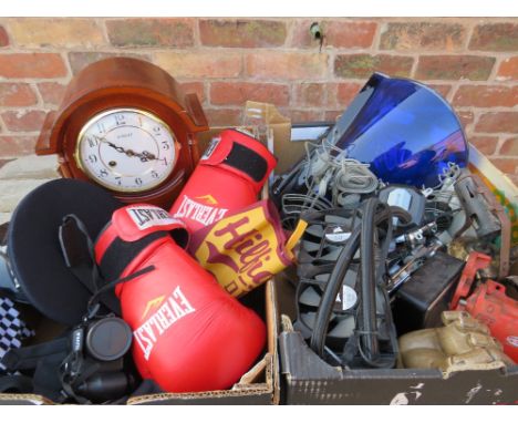 TWO TRAYS OF COLLECTABLES TO INCLUDE POLICE HAT ETC, CLOCK, BOXING GLOVES, GRAPHICS CARD FAN ETC