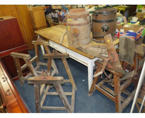 THREE ASSORTED VINTAGE 'END OVER END' BUTTER CHURNS AND STANDS - ALL IN POOR ORDER A/F