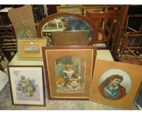 A COLLECTION OF ASSORTED VICTORIAN PICTURES TO INCLUDE A SMALL OIL OF A WINDMILL 11.5 X 23 CM AND A RELIGIOUS PORTRAIT PRINT 