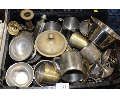 TWO BOXES OF ASSORTED METALWARE TO INCLUDE A COPPER KETTLE, SILVER PLATED GOBLETS