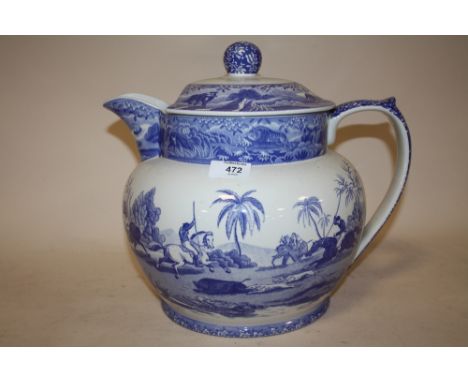 I LARGE SPODE BLUE AND WHITE THE SIGNATURE COLLECTION 'INDIAN SPORTING' LIDDED JUG OVERALL HEIGHT - 30CM APPROX 