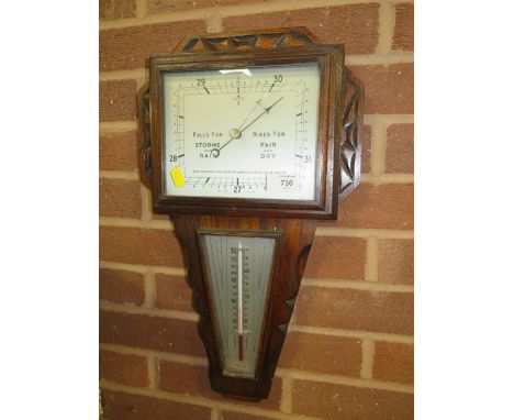 AN UNUSUAL ANGULAR OAK BAROMETER, H 55 CM, TOGETHER WITH ANOTHER SMALLER EXAMPLE (2)