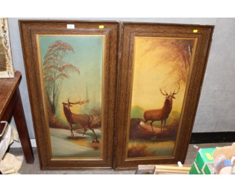 A PAIR OF LARGE FRAMED VINTAGE OIL PAINTINGS ON BOARD DEPICTING STAGS SIZE - 87CM X 36CM 