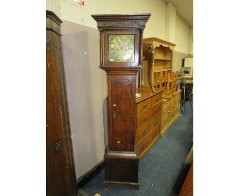 A 19TH CENTURY OAK EIGHT DAY LONGCASE CLOCK BY THO. REA - WALTON 10" BRASS DIAL, TWIN WEIGHT AND PENDULUM H-192 CM
