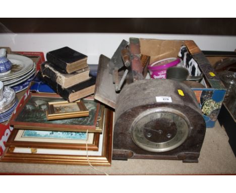 A BOX OF COLLECTABLES TO INCLUDE VINTAGE BOOKS, OAK MANTEL CLOCK AND PICTURES
