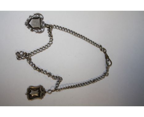 A HALLMARKED SILVER POCKET WATCH CHAIN WITH TWO HALLMARKED SILVER FOBS