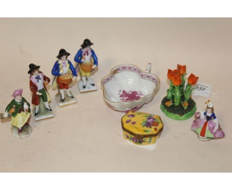 FIVE ANTIQUE HAND PAINTED CHELSEA SAMPSON STYLE FIGURES, WITH GOLD ANCHOR MARK, tallest H 9 cm AND A HERAND OF HUNGARY SMALL 