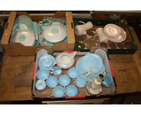 THREE TRAYS OF RETRO POOLE CHINA OF ASSORTED COLOUR WAYS, TO INCLUDE TUREENS, TEA AND COFFEE POT ETC. TOGETHER WITH A POOLE T