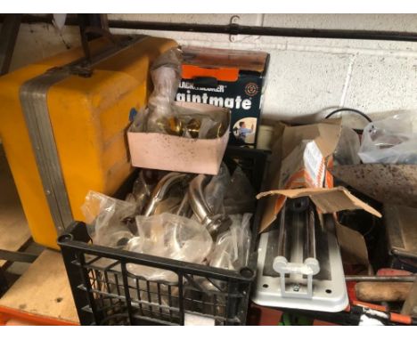 A SELECTION OF VARIOUS TOOLS, PIPE CLAMPS, MOTORCYCLE EXHAUST DOWN PIPES, YELLOW HARD CASE, MUNITIONS CASE AND A STEEL CASED 