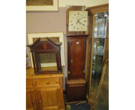 A 19TH CENTURY OAK 30HOUR LONGCASE CLOCK BY PLIMER OF WELLINGTON H-205CM A/F WEIGHT AND PENDULUM