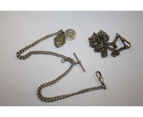 A HALLMARKED SILVER ALBERT POCKET WATCH CHAIN WITH FOBS, TOGETHER WITH ANOTHER 