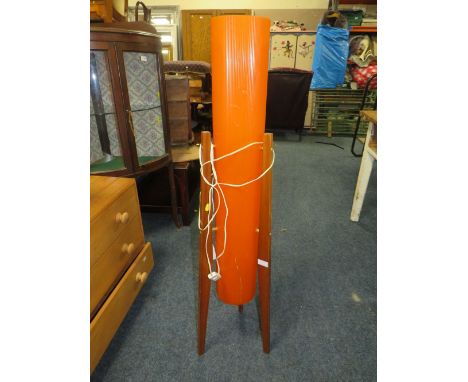A RETRO TEAK FLOORSTANDING LAMP - THIS PLASTIC FUNNEL IS BADLY CRACKED IN TWO PLACES