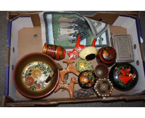 A COLLECTION OF LACQUER WARE TRINKET BOXES, INDIAN INLAID BOX ETC.