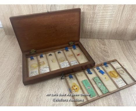 SELECTION OF OLD MICROSCOPE SLIDES IN A WOODEN BOX 