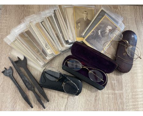 34 VICTORIAN PHOTOS, THREE PAIRS OF ANTIQUE GLASSES AND VINTAGE DRILL BITS 