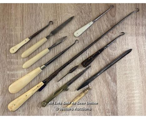 ASSORTMENT OF VINTAGE TOOLS INC. BONE HANDLE HOOKS AND FILE