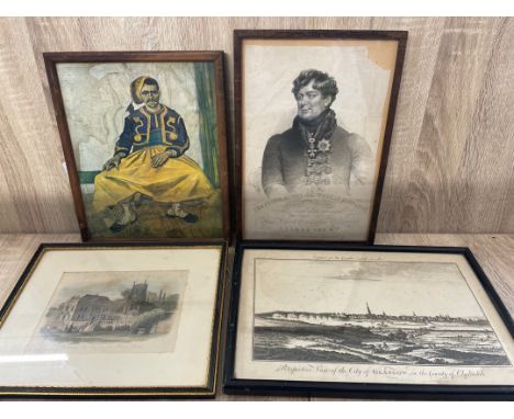 FOUR PRINTS; FRAMED PRINT OF GEORGE 4TH, 18 X 26CM, THE CITY OF GLASGOW 1842 FRAMED LITHOGRAPH PRINT, 31 X 20CM, WINDCOMBE OL