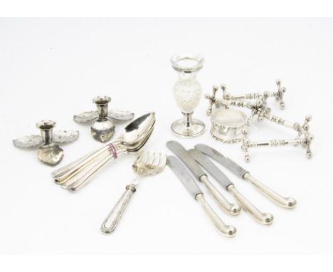 A small collection of silver and silver plate, including a cut glass and silver mounted small vase, a napkin ring, a pair of 