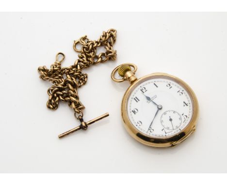 A George V 9ct gold open faced pocket watch from H. Samuel, 50mm case, hallmarked to rear and dust cover, white enamel dial, 