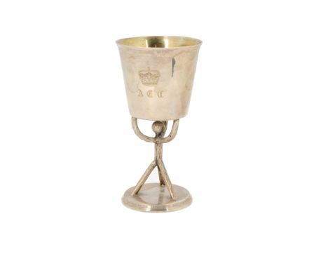 A 1970s silver goblet by DLS, circular base with engraved inscription from Army Catering Corps, with abstract three legged an