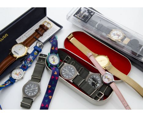 A group of wristwatches, including three CWC military style quartz examples, a manual wind Favre Leuba, and Disney and other 
