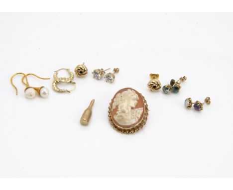A 9ct gold framed shell cameo brooch or pendant, depicting the profile of a young female, two pairs of gold opal triplet ear 