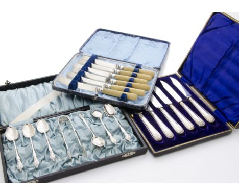 A collection of silver and silver plated flatware and other items, inclluding a boxed set of The Sovereign Queens teaspoons, 