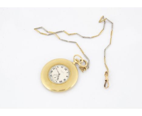 An Art Deco 18ct gold pocket watch, 44mm diameter, white dial with roman numerals marked 142 Jays 144 Oxford St W and Longine