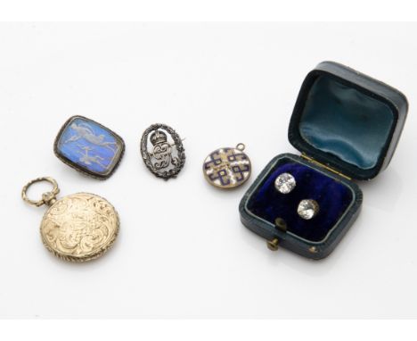 A pair of Edwardian stud earrings, the simulated brilliant cut paste stones in gilt metal claw settings and hoop backs, toget