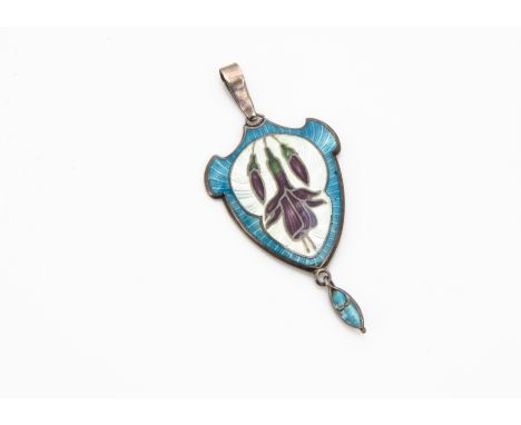 An Art Nouveau sterling silver and enamel pendant, decorated with fuschia design against a blue ground, 5cm 